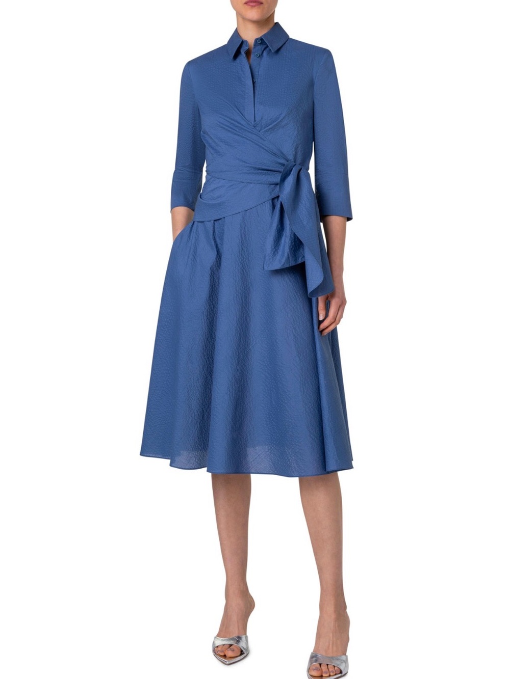 AKRIS PUNTO Seersucker Smokey Blue Cotton Wrap Midi Dress Size US 6 (Medium)